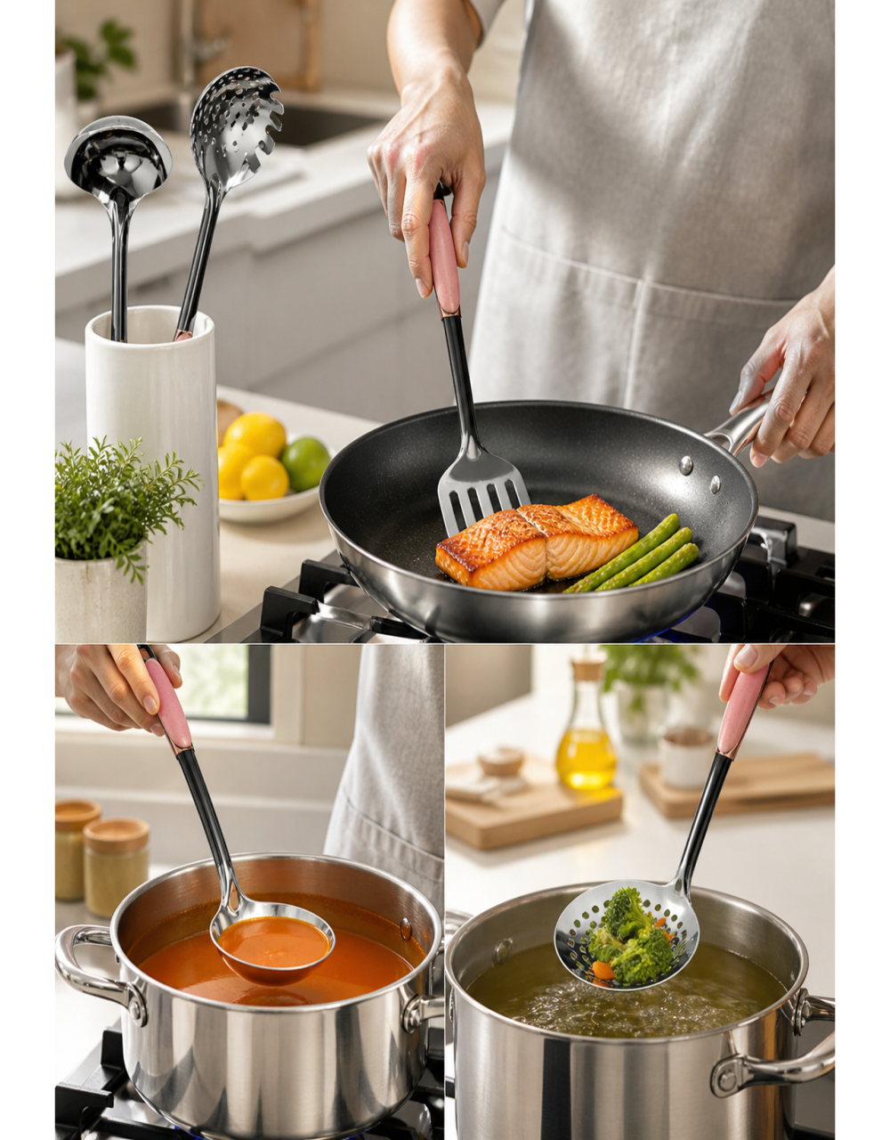 Kit de Utensilios de Cocina 3 Piezas Hecho de Acero y Mango de Plástico