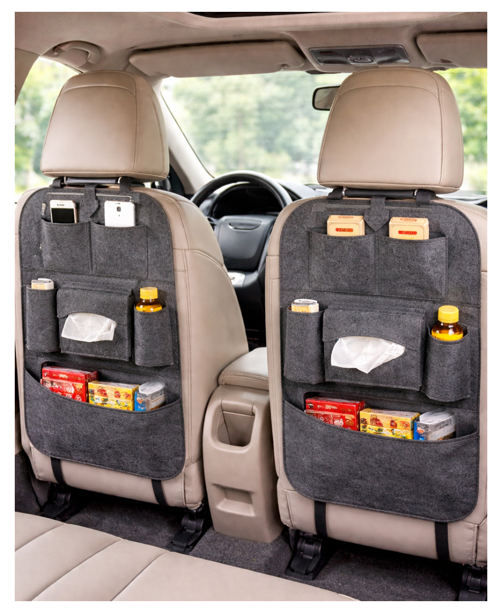 2 Organizadores para asiento para telefono botellas papel - NEGRO