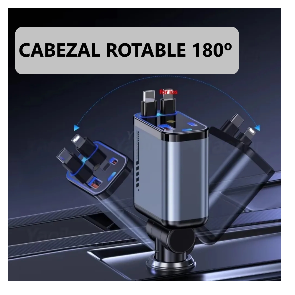 Cargador Rápido 100W de Doble Cable Tipo IOS y C retrátil para Auto con Proyección de Luz Ambiental