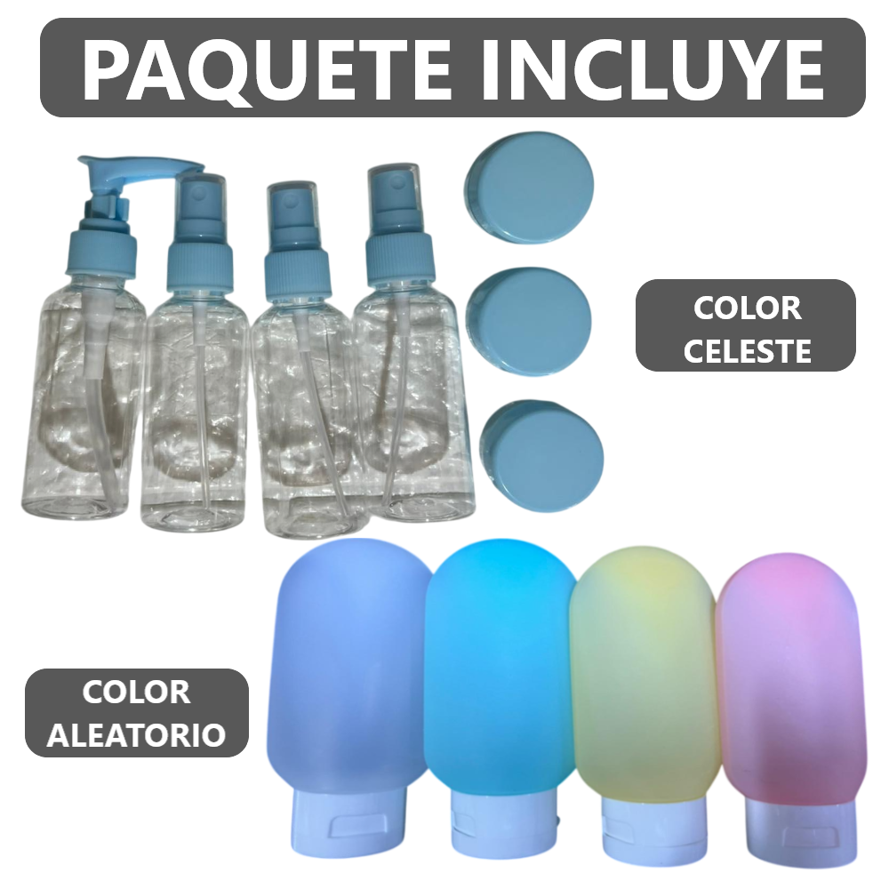 Kit 11 botellas de viaje contenedores portátiles - Celeste