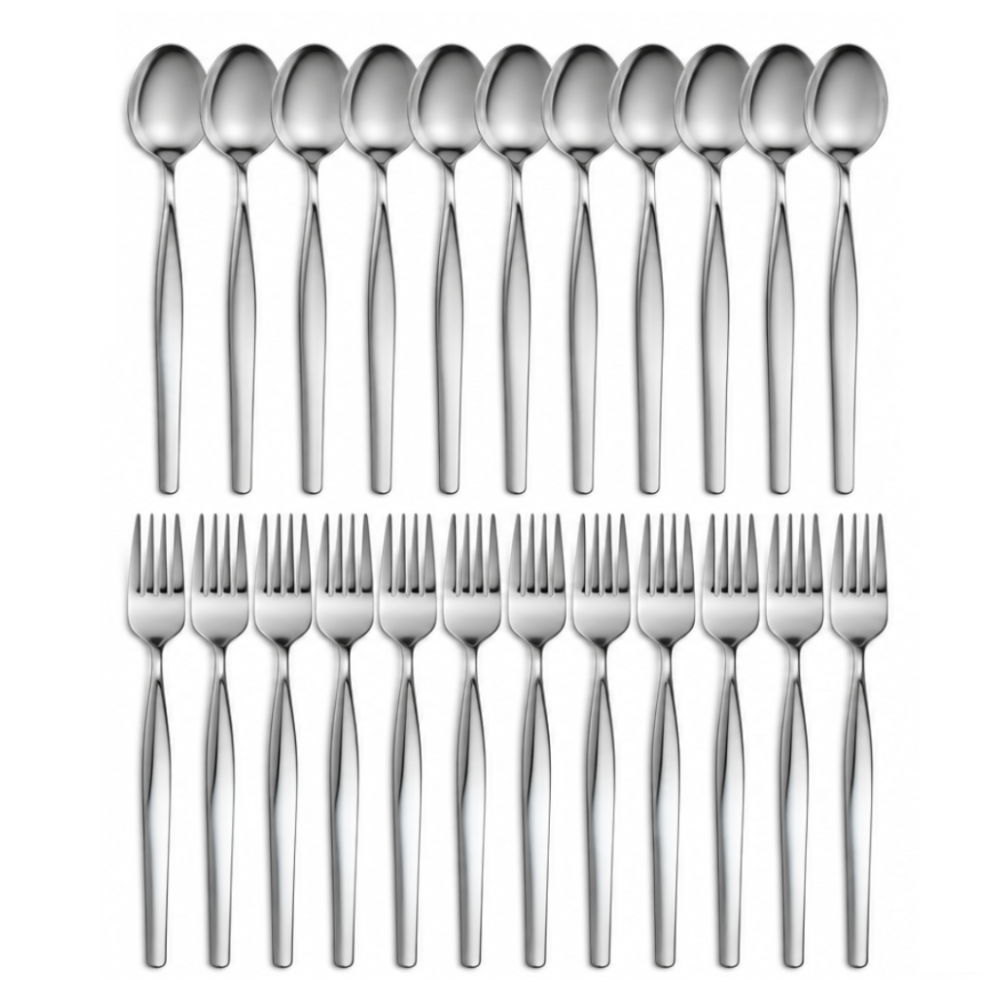 Set de 24 cubiertos: 12  Cucharas + 12 Tenedores Elegantes de Acero Inoxidable – 19 cm de Largo