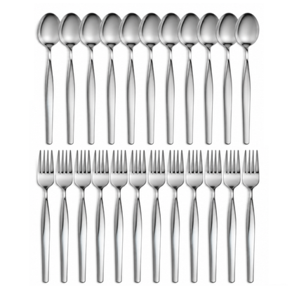 Set de 24 cubiertos: 12  Cucharas + 12 Tenedores Elegantes de Acero Inoxidable – 19 cm de Largo