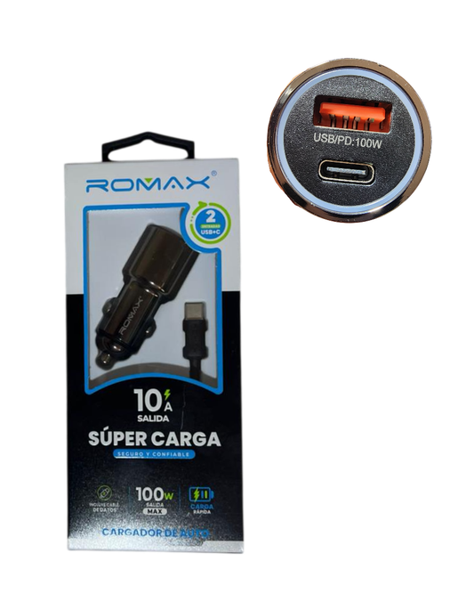 Cargador de Auto 100W Súper Carga 10A con 2 puertos