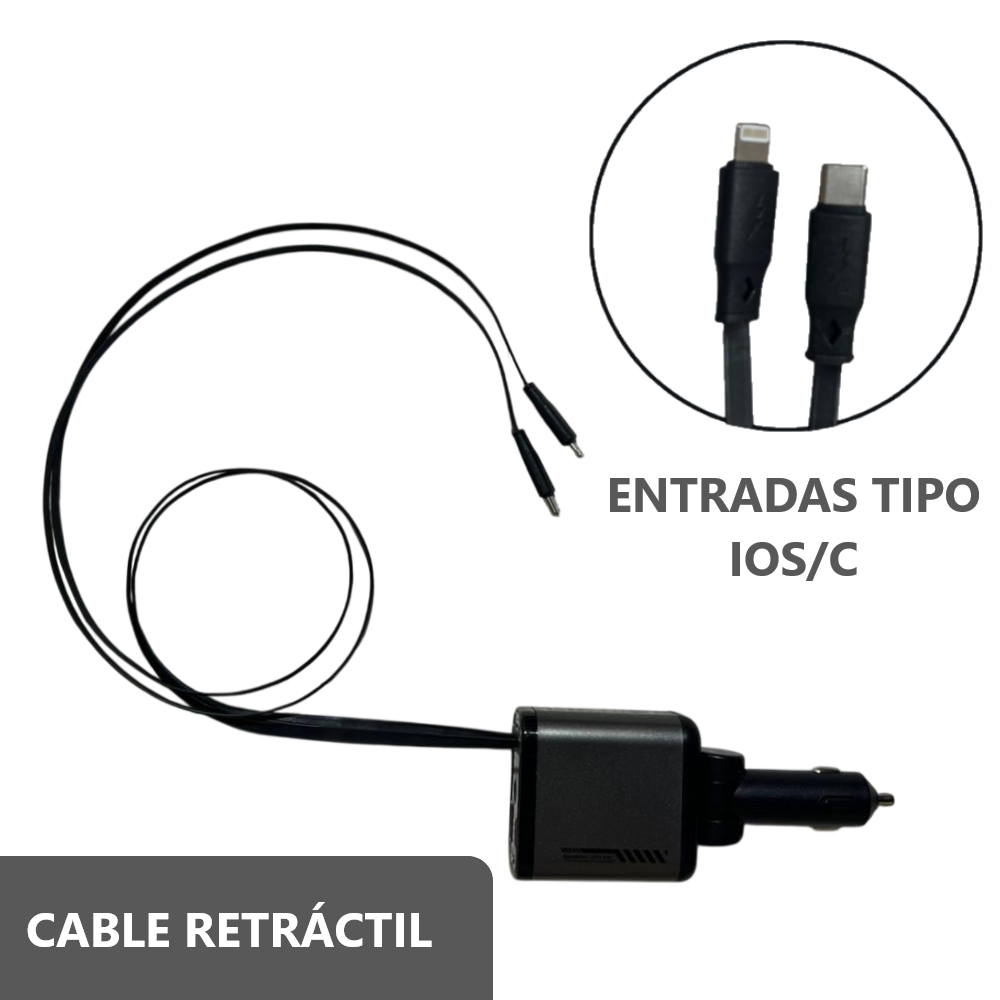 Cargador Rápido 100W de Doble Cable Tipo IOS y C retrátil para Auto con Proyección de Luz Ambiental
