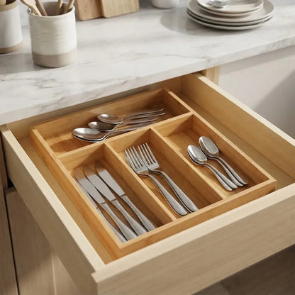 Organizador de cubiertos de Madera de Bambú con Divisiones para Cocina