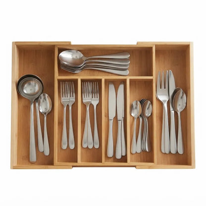 Organizador de cubiertos Expandible de Madera de Bambú con Divisiones para Cocina