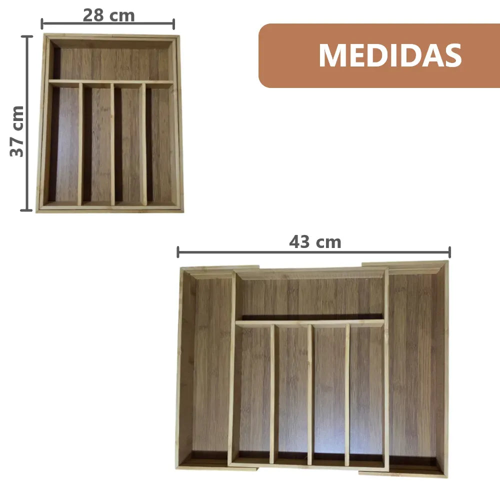 Organizador de cubiertos Expandible de Madera de Bambú con Divisiones para Cocina