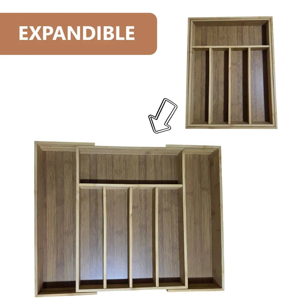 Organizador de cubiertos Expandible de Madera de Bambú con Divisiones para Cocina