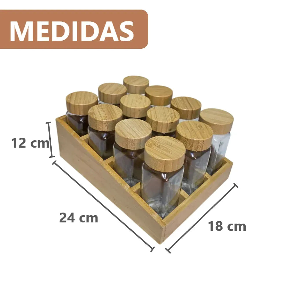 Especiero organizador con base de bambú y 12 frascos de vidrio
