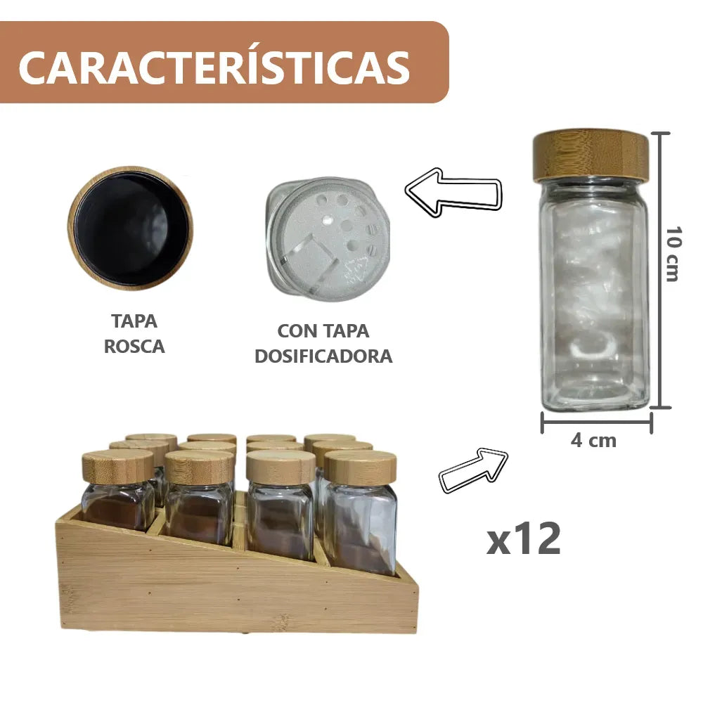 Especiero organizador con base de bambú y 12 frascos de vidrio