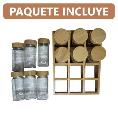 Especiero organizador con base de bambú y 12 frascos de vidrio