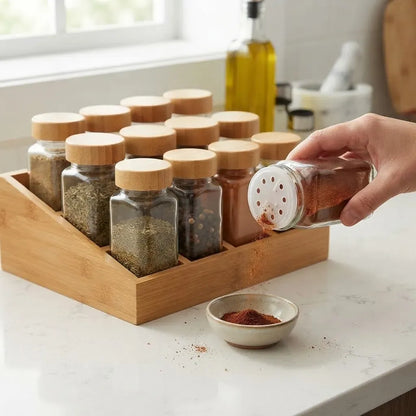 Especiero organizador con base de bambú y 12 frascos de vidrio