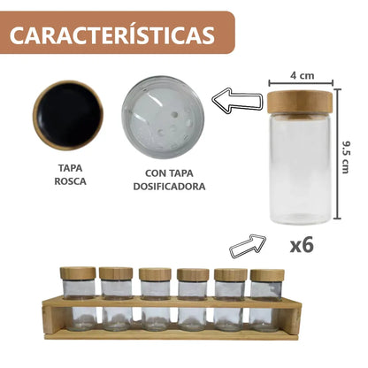 Especiero organizador con base de bambú y 6 frascos de vidrio