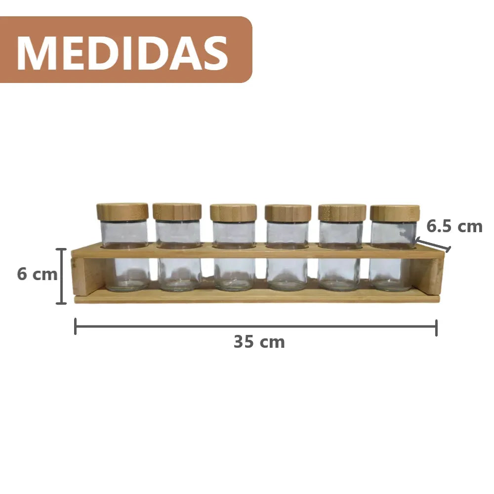 Especiero organizador con base de bambú y 6 frascos de vidrio