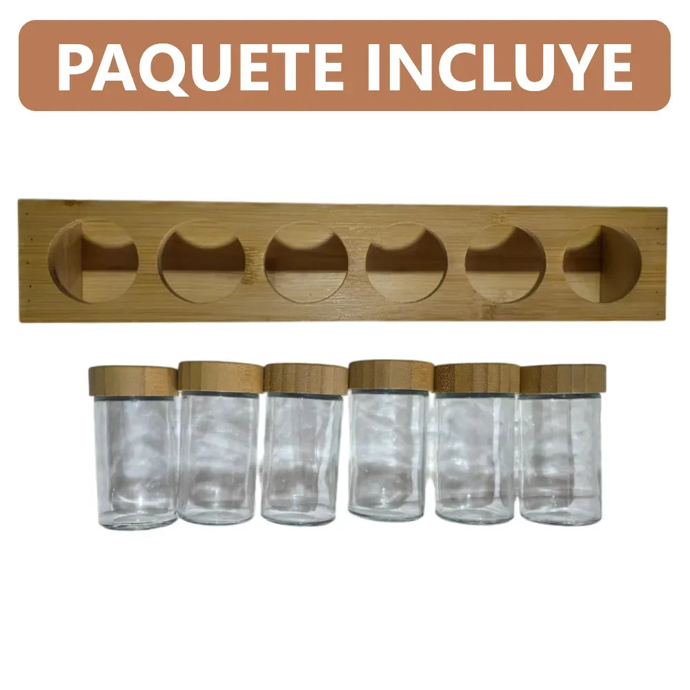 Especiero organizador con base de bambú y 6 frascos de vidrio