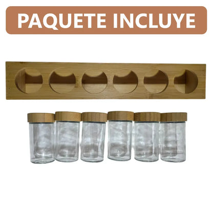 Especiero organizador con base de bambú y 6 frascos de vidrio