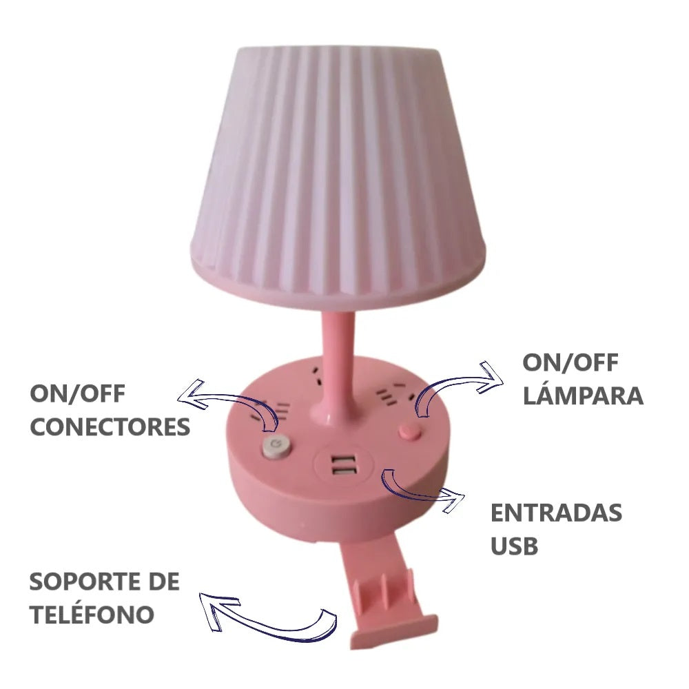 Lámpara de mesa multifunción con enchufe y puertos USB