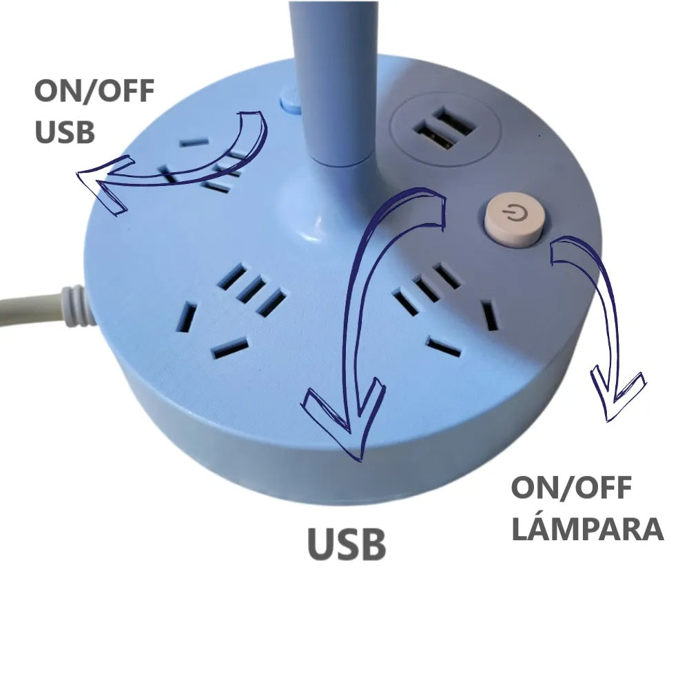 Lámpara de mesa multifunción con enchufe y puertos USB