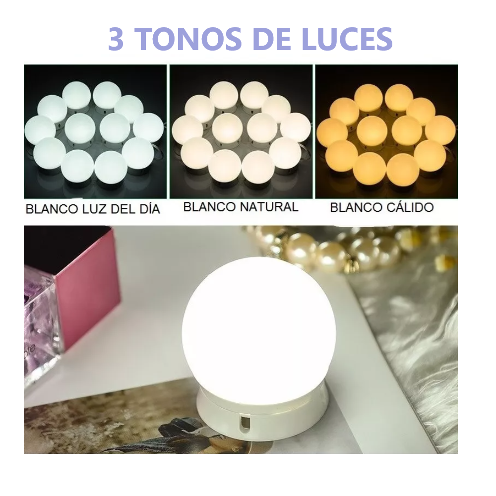 Kit Luces Led 10 Focos con entrada USB Para Espejo Tocador de Maquillaje