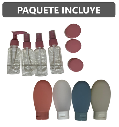 Kit 11 botellas de viaje contenedores portátiles - Rosado