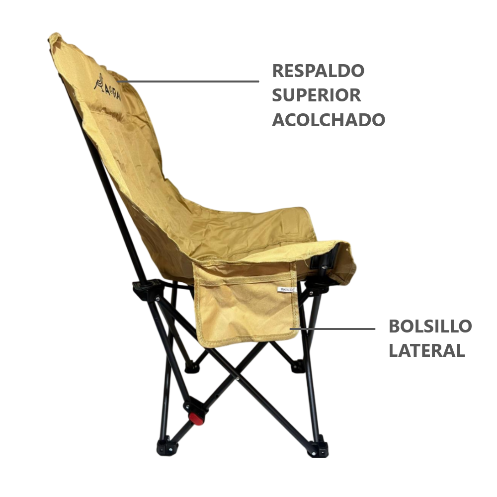 Silla de Camping 90cm alto compacta Plegable con bolsa y regulador de respaldo