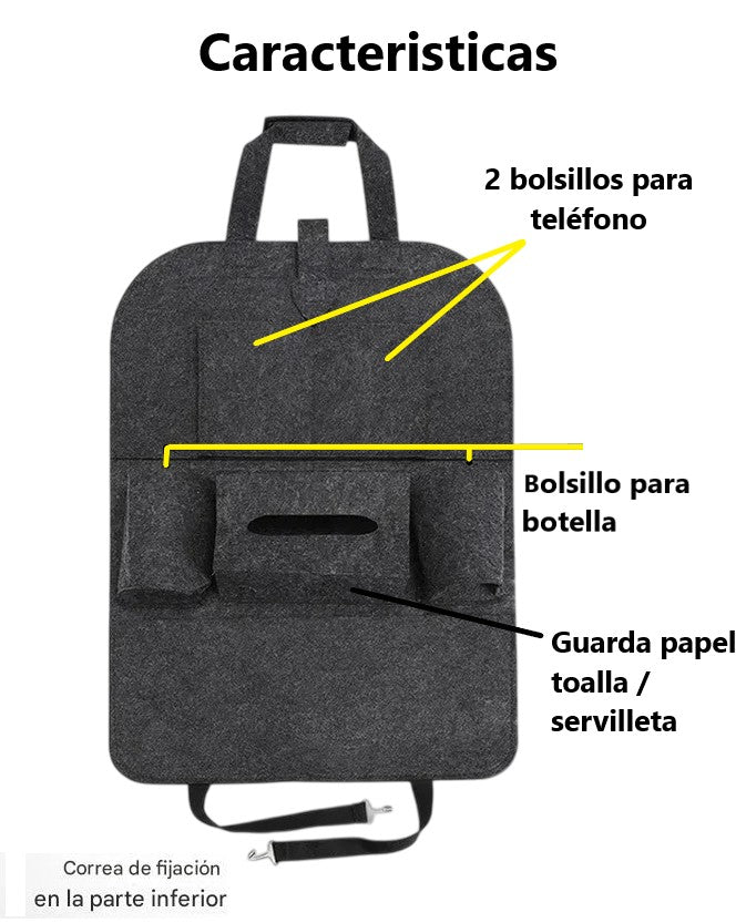 2 Organizadores para asiento para telefono botellas papel - NEGRO