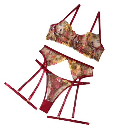 Sexy conjunto de lenceria transparente con encaje 3 partes