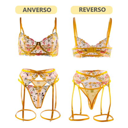 Sexy conjunto de lenceria transparente con encaje 3 partes