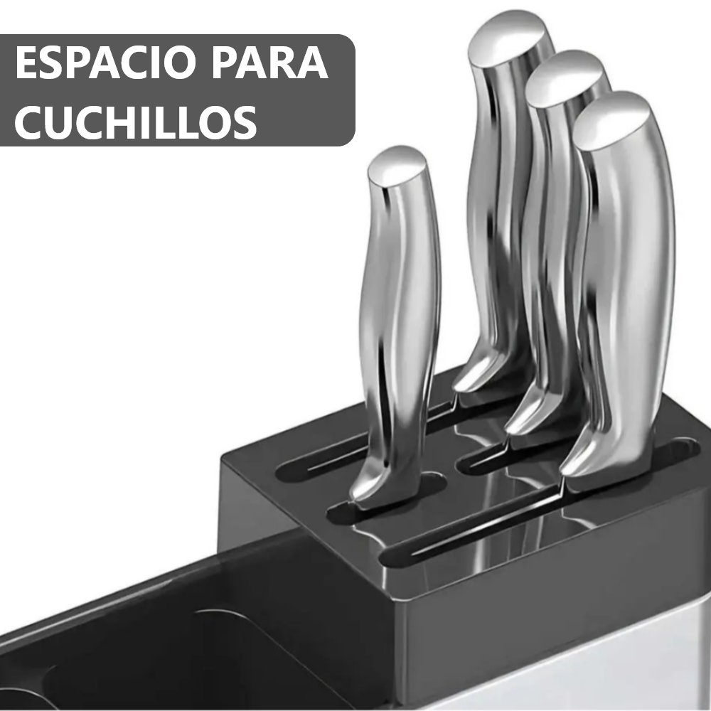 Organizador de Cuchillos y Cubiertos de Acero Inoxidable con Drenaje - 15x18x8 cm