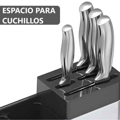 Organizador de Cuchillos y Cubiertos de Acero Inoxidable con Drenaje - 15x18x8 cm