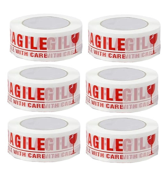 6 Cinta de embalaje fragil 100mts - Blanco y Rojo