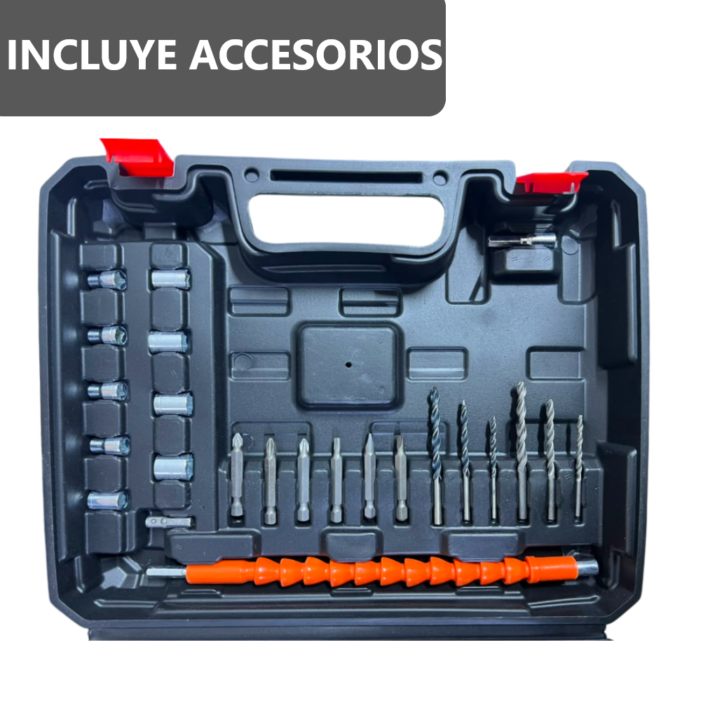 Taladro portátil con 2 baterías y estuche de piezas