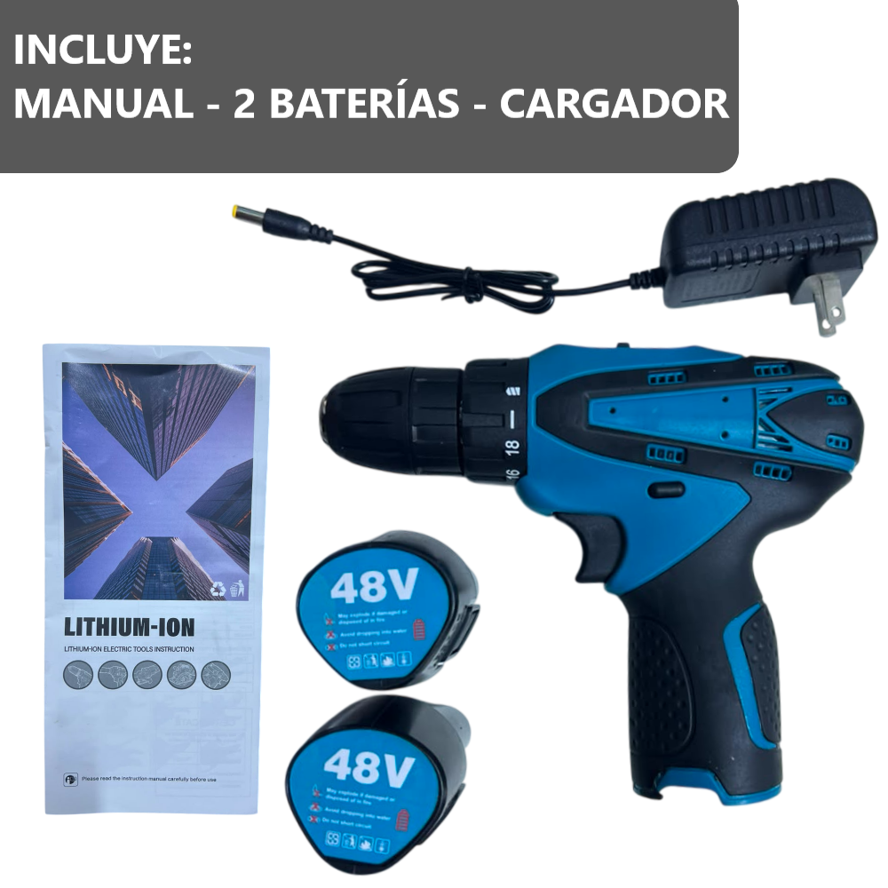 Taladro portátil con 2 baterías y estuche de piezas