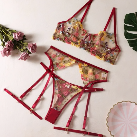 Sexy conjunto de lenceria transparente con encaje 3 partes