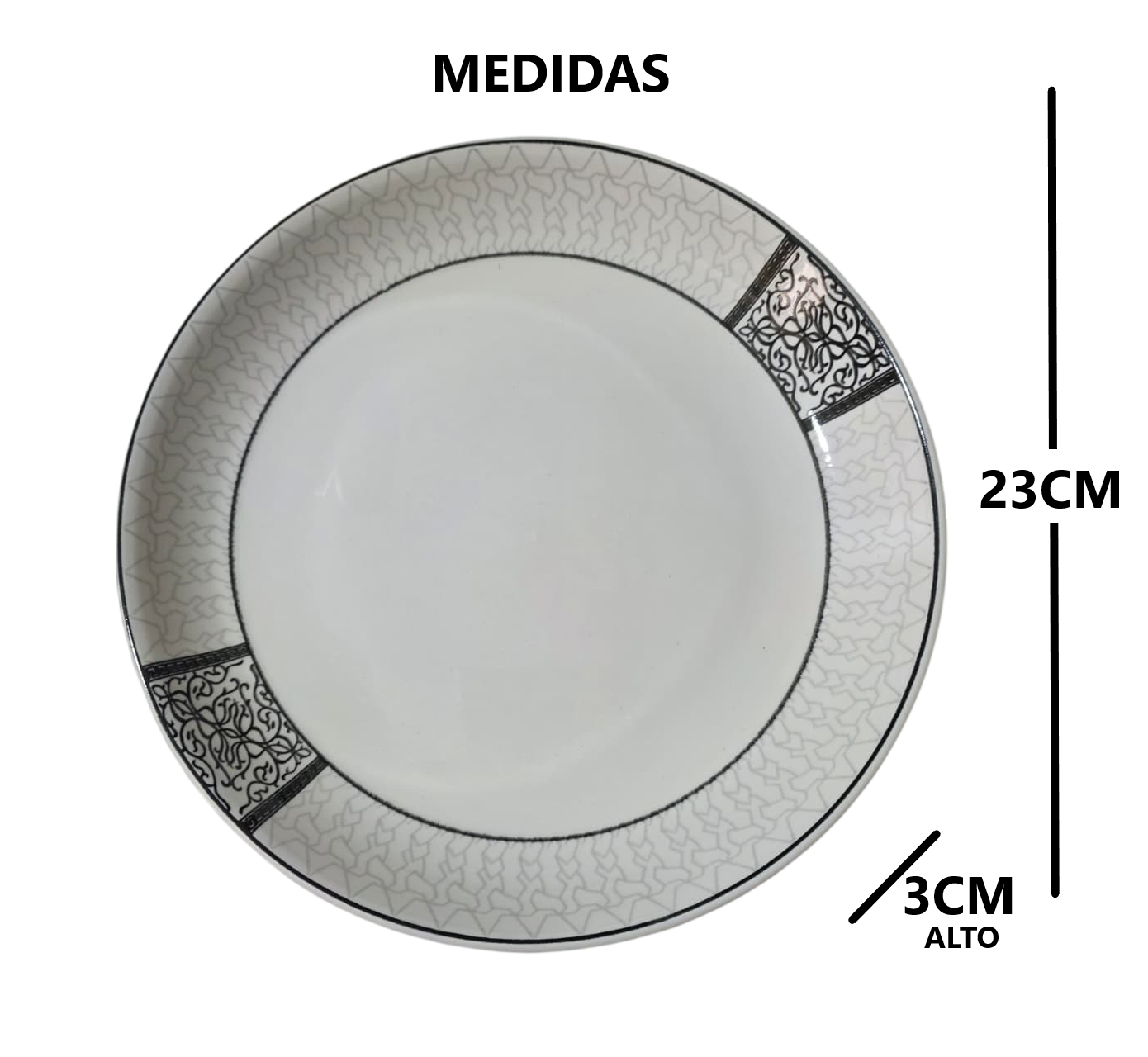 Juego de 3 platos redondos con decoracion a los lados