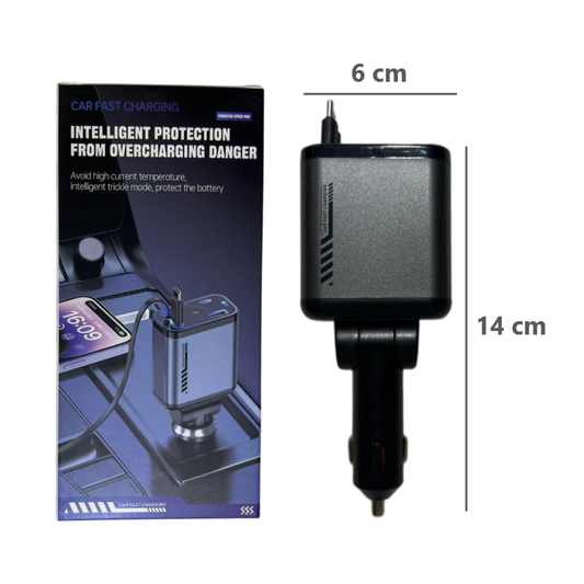 Cargador Rápido 100W de Doble Cable Tipo IOS y C retrátil para Auto con Proyección de Luz Ambiental