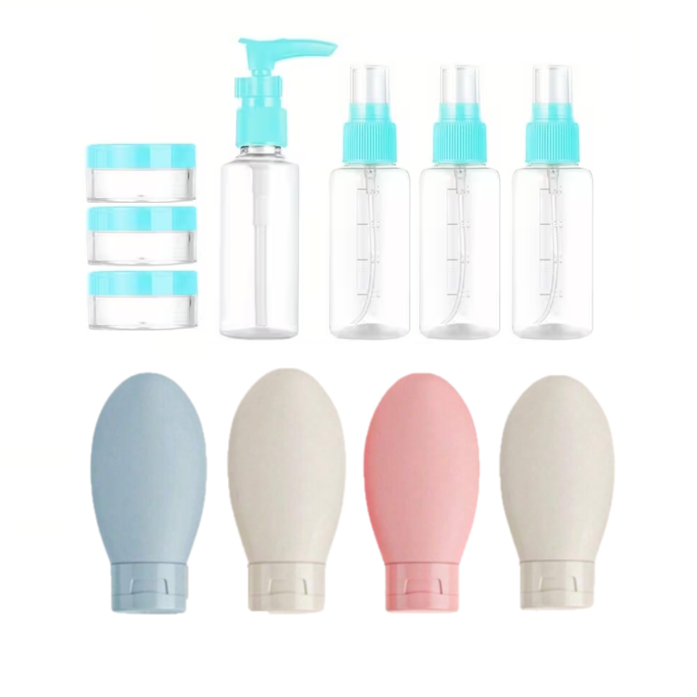 Kit 11 botellas de viaje contenedores portátiles - Celeste