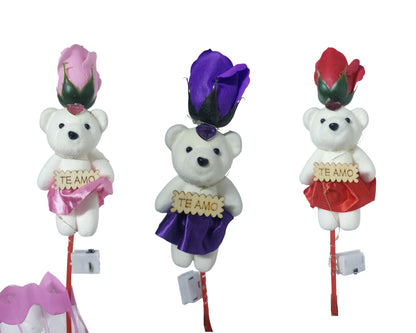 15 Rosas Con Oso Y Luces 3 Velocidades - ROSA MORADO Y ROJO