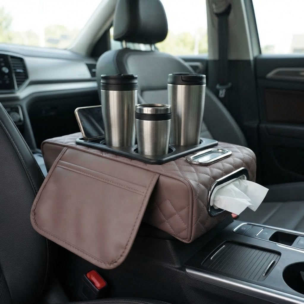 Caja de almacenamiento para auto portavaso porta servilleta y teléfono - Marrón