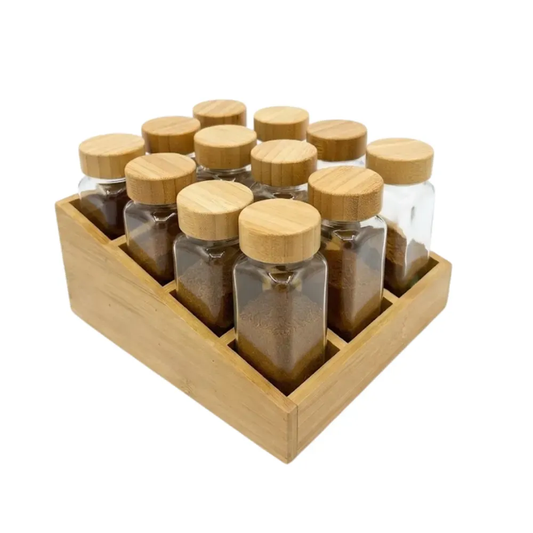 Especiero organizador con base de bambú y 12 frascos de vidrio