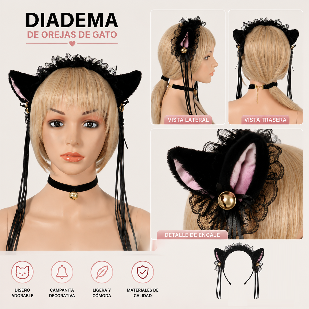 Vincha Modelo Orejas De Gato - Negro