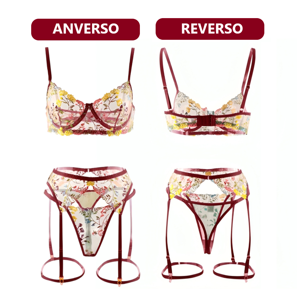 Sexy conjunto de lenceria transparente con encaje 3 partes