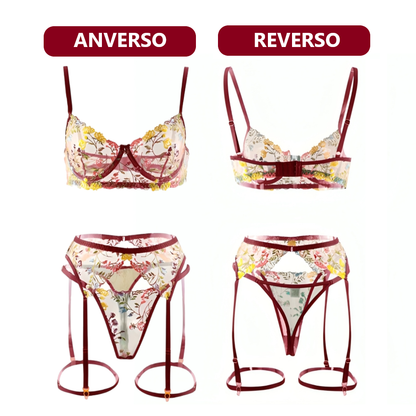Sexy conjunto de lenceria transparente con encaje 3 partes