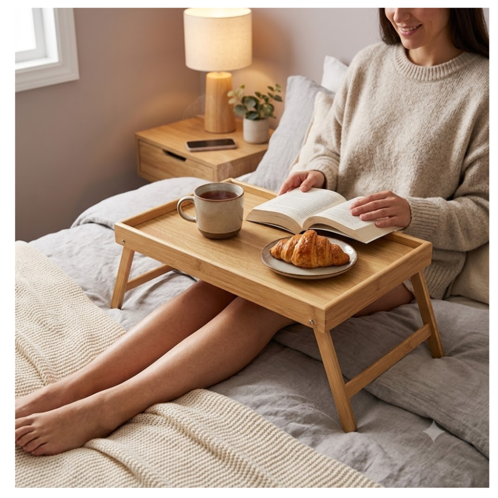 Bandeja Mesa de Cama de bambú para servir sala de estar dormitorio - 50x30cm