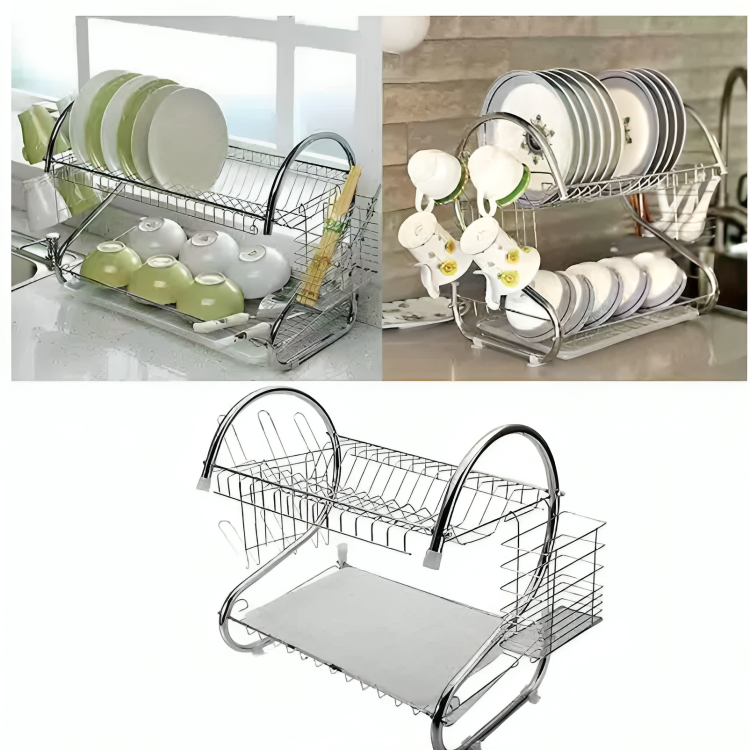 Rack Escurridor 2 Pisos Porta Vasos Cubierto Moderno Plateado