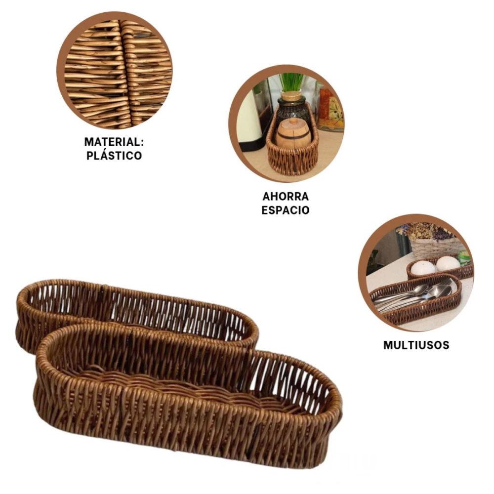 Pack x3 Porta cubiertos Rectangular de plástico tipo mimbre