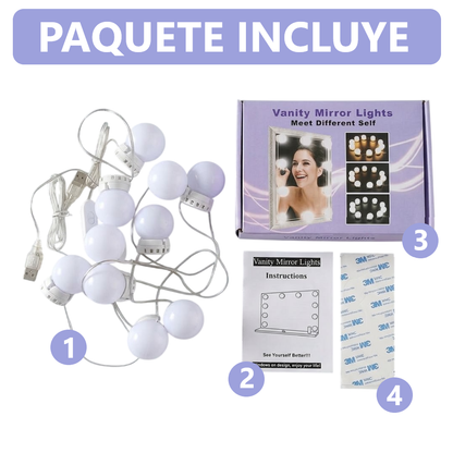 Kit Luces Led 10 Focos con entrada USB Para Espejo Tocador de Maquillaje