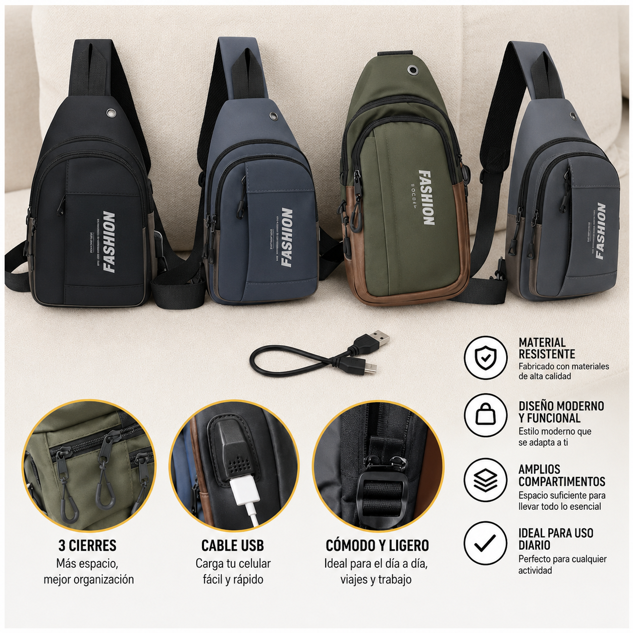 Morral canguro pechera elegante y versátil con entrada y cable USB
