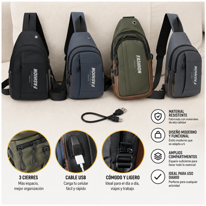 Morral canguro pechera elegante y versátil con entrada y cable USB