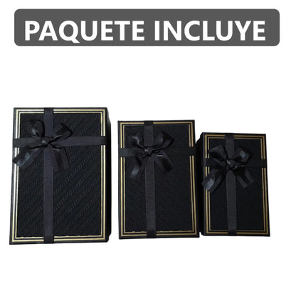 Set de 3 Cajas de Regalo Rectangulares Negro con Lazo de Satén y Detalles Dorados - 23 x 15 cm